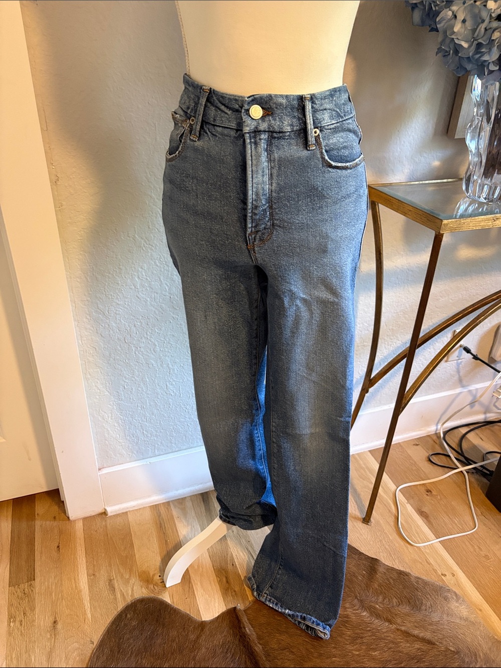 Good American High Rise Straight Leg Blue Jeans